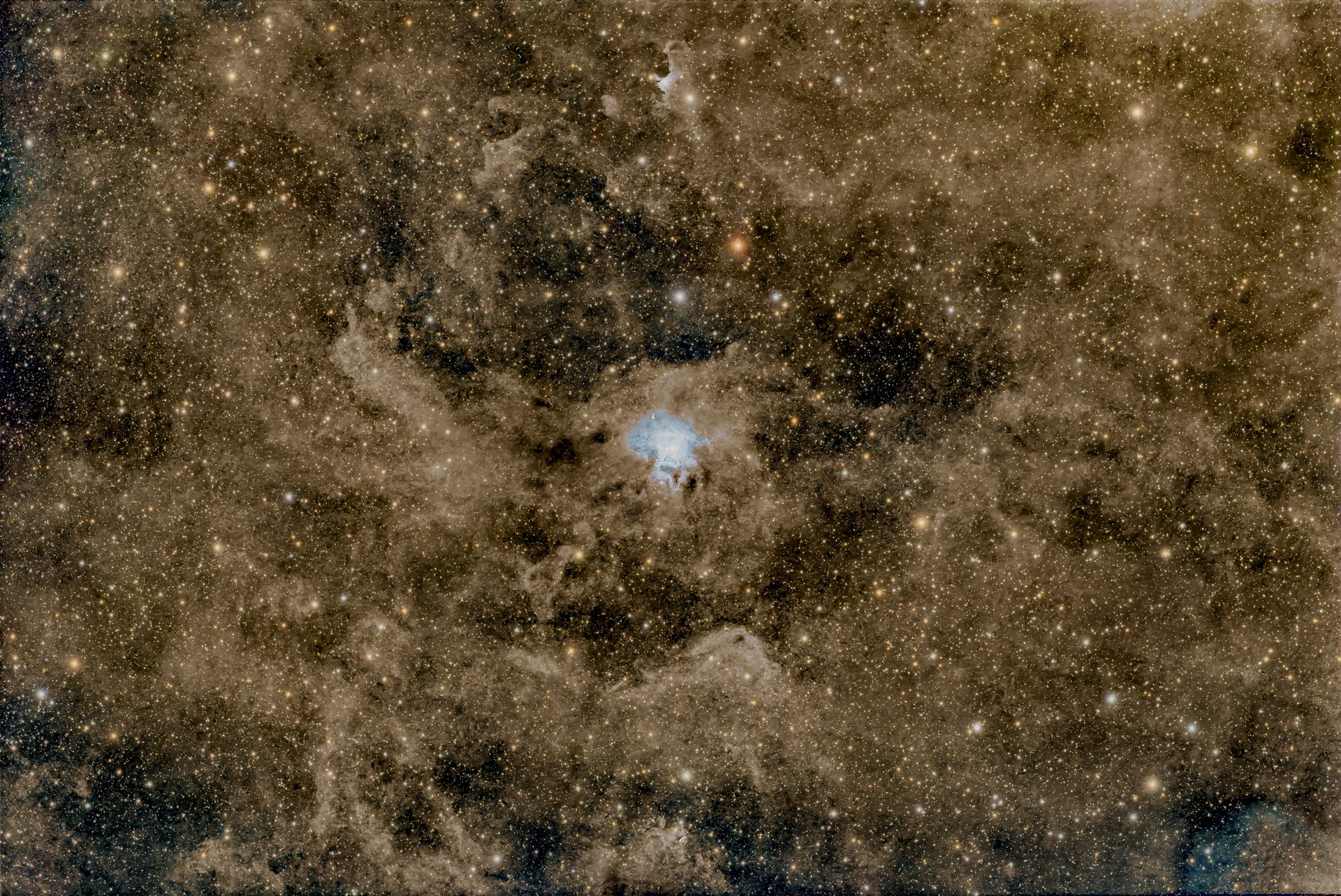 The Iris Nebula NGC NGC 7023, a blue reflection nebula surrounded by brown molecular dust in Cepheus.